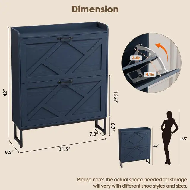 Alt view image 2 of 7 - Nicetree Shoe Storage Cabinet, Shoe Cabinet with 2 Flip Drawers, Narrow Shoe Rack Cabinet, Farmhouse Slim Shoe Cabinet Storage for Entryway,Blue