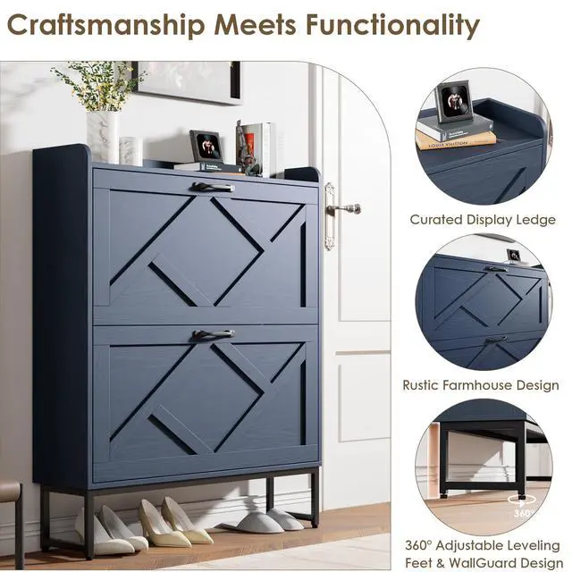Alt view image 5 of 7 - Nicetree Shoe Storage Cabinet, Shoe Cabinet with 2 Flip Drawers, Narrow Shoe Rack Cabinet, Farmhouse Slim Shoe Cabinet Storage for Entryway,Blue
