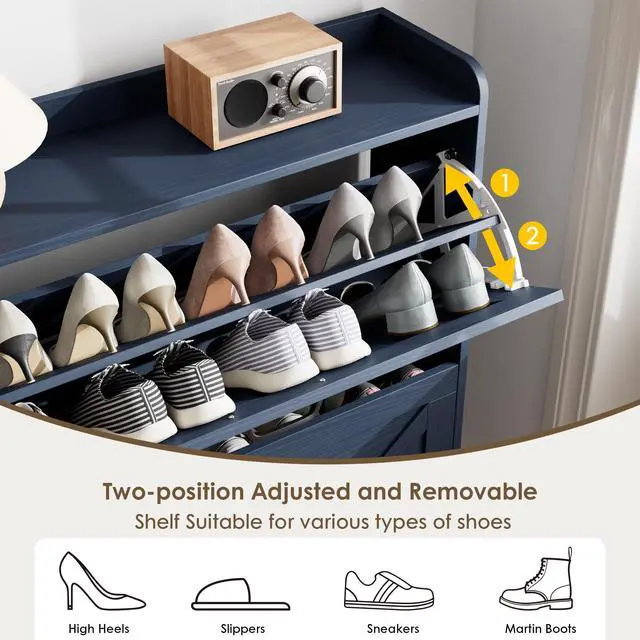 Alt view image 7 of 7 - Nicetree Shoe Storage Cabinet, Shoe Cabinet with 2 Flip Drawers, Narrow Shoe Rack Cabinet, Farmhouse Slim Shoe Cabinet Storage for Entryway,Blue
