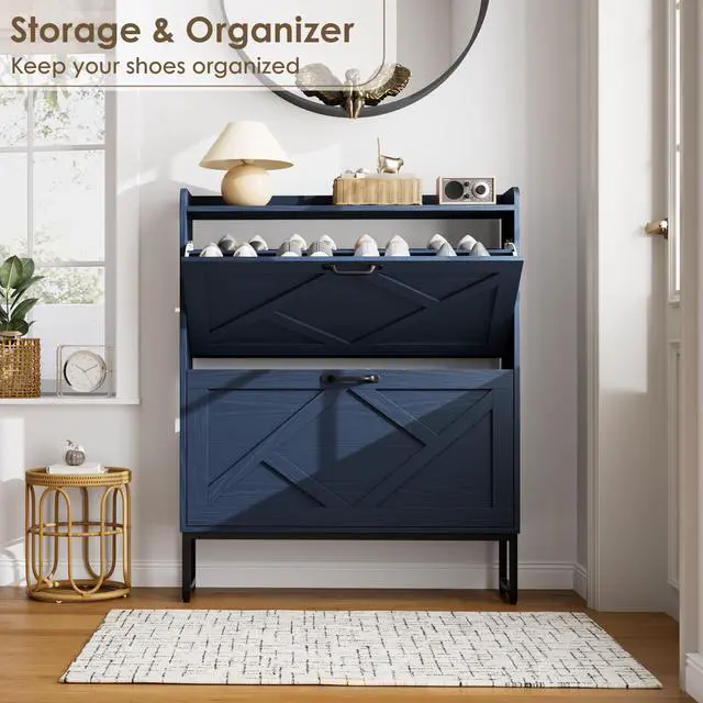 Alt view image 6 of 7 - Nicetree Shoe Storage Cabinet, Shoe Cabinet with 2 Flip Drawers, Narrow Shoe Rack Cabinet, Farmhouse Slim Shoe Cabinet Storage for Entryway,Blue