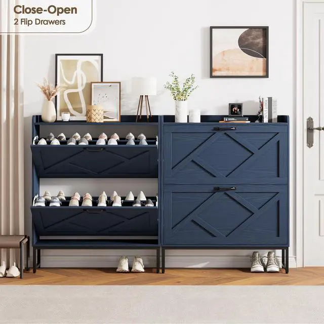 Alt view image 3 of 7 - Nicetree Shoe Storage Cabinet, Shoe Cabinet with 2 Flip Drawers, Narrow Shoe Rack Cabinet, Farmhouse Slim Shoe Cabinet Storage for Entryway,Blue