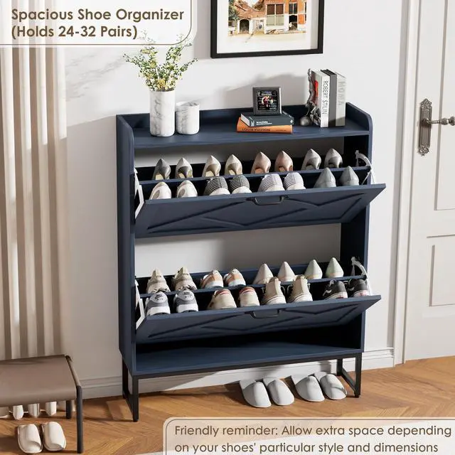 Alt view image 4 of 7 - Nicetree Shoe Storage Cabinet, Shoe Cabinet with 2 Flip Drawers, Narrow Shoe Rack Cabinet, Farmhouse Slim Shoe Cabinet Storage for Entryway,Blue