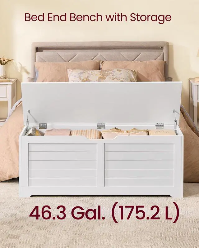 Alt view image 3 of 6 - Storage Chest, Storage Bench with 2 Safety Hinges, Farmhouse Style, 15.7 x 47.2 x 18.1 Inches, for Entryway, Bedroom, Living Room, Cloud White ULSB065W01