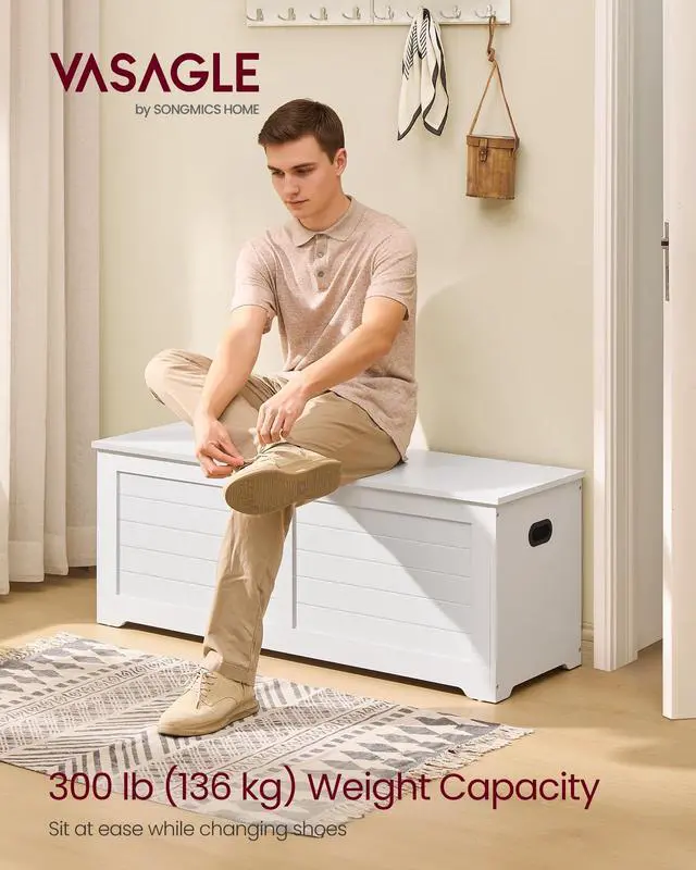 Alt view image 2 of 6 - Storage Chest, Storage Bench with 2 Safety Hinges, Farmhouse Style, 15.7 x 47.2 x 18.1 Inches, for Entryway, Bedroom, Living Room, Cloud White ULSB065W01