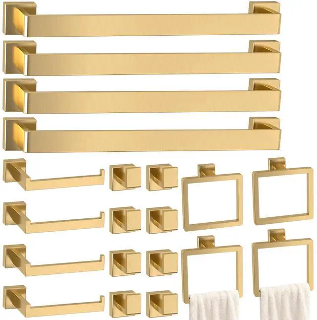 Main image of Bathroom Accessory Towel Bar Set: 20 Pieces Gold Square Bathroom Hardware SUS304 Stainless Steel - 24 Inch Wall Mounted Towel Rack&Toilet Paper Holder&Towel Ring and Towel Hook