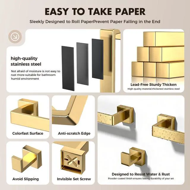 Alt view image 6 of 7 - Bathroom Accessory Towel Bar Set: 20 Pieces Gold Square Bathroom Hardware SUS304 Stainless Steel - 24 Inch Wall Mounted Towel Rack&Toilet Paper Holder&Towel Ring and Towel Hook