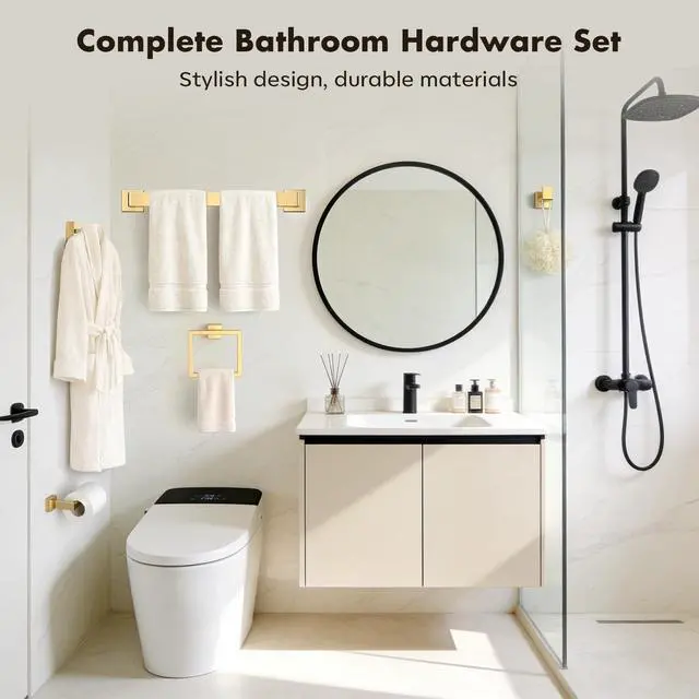 Alt view image 7 of 7 - Bathroom Accessory Towel Bar Set: 20 Pieces Gold Square Bathroom Hardware SUS304 Stainless Steel - 24 Inch Wall Mounted Towel Rack&Toilet Paper Holder&Towel Ring and Towel Hook