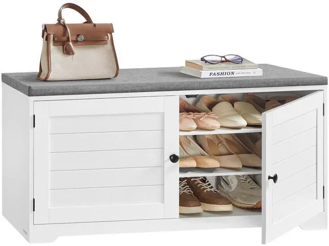 Main image of Shoe Storage Bench with Cushion, 3-Tier Entryway Bench with Padded Seat, Doors, Adjustable Shelves, 14 x 39.8 x 20.7 Inches, for Hallway, Bedroom, Cloud White and Dove Gray ULSB044W01