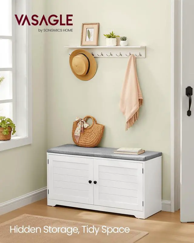 Alt view image 2 of 6 - Shoe Storage Bench with Cushion, 3-Tier Entryway Bench with Padded Seat, Doors, Adjustable Shelves, 14 x 39.8 x 20.7 Inches, for Hallway, Bedroom, Cloud White and Dove Gray ULSB044W01