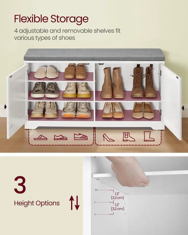 Alt view image 3 of 6 - Shoe Storage Bench with Cushion, 3-Tier Entryway Bench with Padded Seat, Doors, Adjustable Shelves, 14 x 39.8 x 20.7 Inches, for Hallway, Bedroom, Cloud White and Dove Gray ULSB044W01