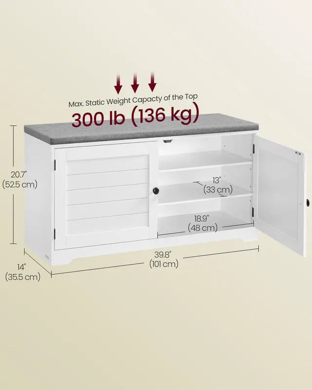 Alt view image 5 of 6 - Shoe Storage Bench with Cushion, 3-Tier Entryway Bench with Padded Seat, Doors, Adjustable Shelves, 14 x 39.8 x 20.7 Inches, for Hallway, Bedroom, Cloud White and Dove Gray ULSB044W01