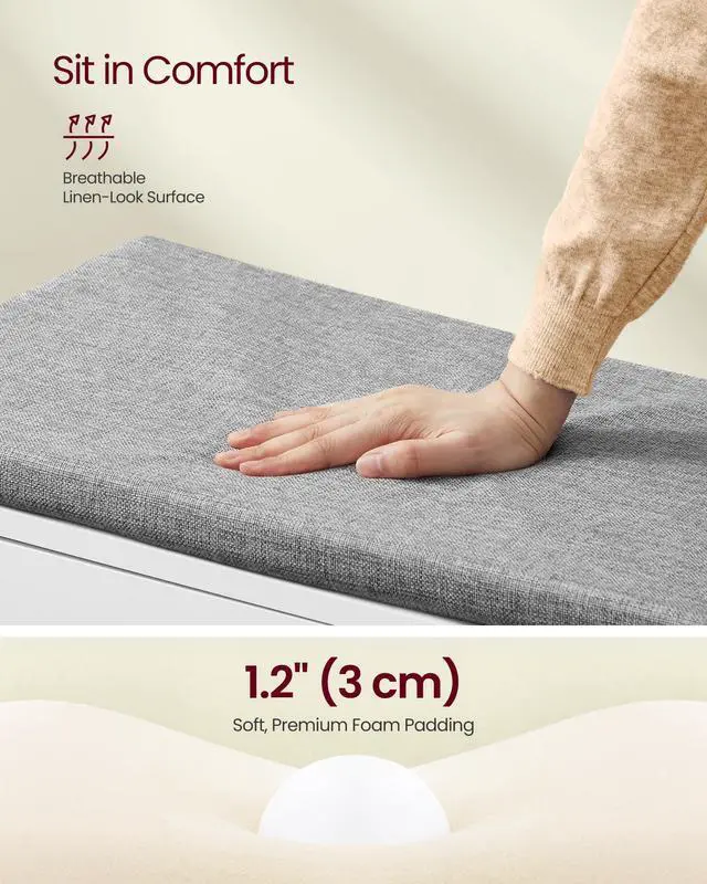 Alt view image 4 of 6 - Shoe Storage Bench with Cushion, 3-Tier Entryway Bench with Padded Seat, Doors, Adjustable Shelves, 14 x 39.8 x 20.7 Inches, for Hallway, Bedroom, Cloud White and Dove Gray ULSB044W01