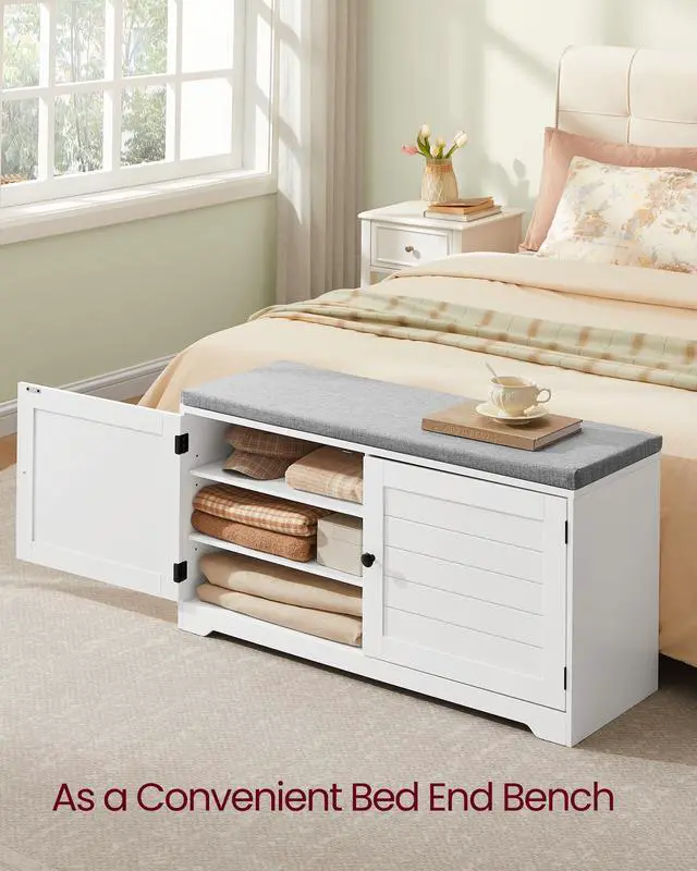 Alt view image 6 of 6 - Shoe Storage Bench with Cushion, 3-Tier Entryway Bench with Padded Seat, Doors, Adjustable Shelves, 14 x 39.8 x 20.7 Inches, for Hallway, Bedroom, Cloud White and Dove Gray ULSB044W01