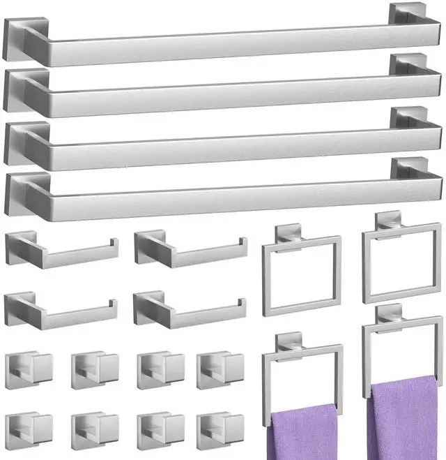 Main image of 20-Piece Brushed Nickel Bathroom Accessories Set 23.6" Towel Bar, Towel Ring, Toilet Paper Holder & Hooks, Wall Mounted Bathroom Hardware, Rust & Corrosion-Resistant, Ideal for Modern Bathrooms