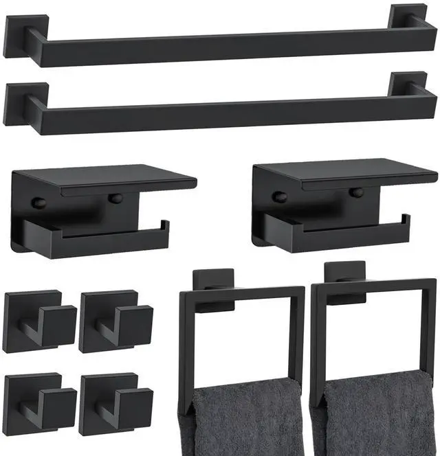 Main image of 10 Pieces Black Towel Bar Set Bathroom Hardware Accessories Set Upgraded Toilet Paper Holder with Shelf Towel Holder Set for Bathroom Stainless Steel Wall Mounted 23.6in