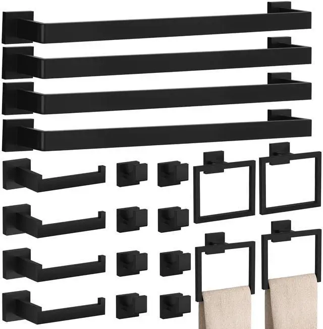 Main image of 20-Piece Matte Black Bathroom Accessories Set 23.6" Towel Bar, Towel Ring, Toilet Paper Holder & Hooks, Wall Mounted Bathroom Hardware, Rust & Corrosion-Resistant, Ideal for Modern Bathrooms