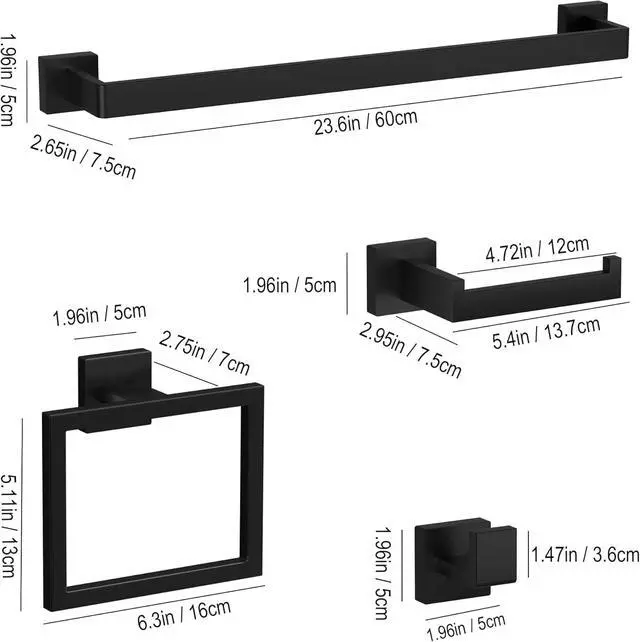 Alt view image 2 of 7 - 20-Piece Matte Black Bathroom Accessories Set 23.6" Towel Bar, Towel Ring, Toilet Paper Holder & Hooks, Wall Mounted Bathroom Hardware, Rust & Corrosion-Resistant, Ideal for Modern Bathrooms
