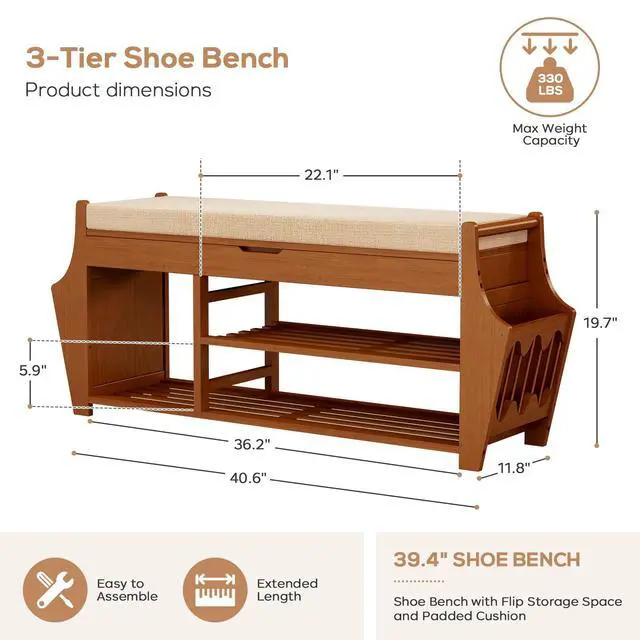 Alt view image 2 of 7 - oakvivo 39.4in Shoe Bench with 2 Side Holder, 3 Tier Bamboo Entryway Bench with Storage, Shoe Rack Bench Organizer with Cushion for Entryway Hallway Living Room, Holds up to 330lbs