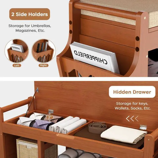 Alt view image 4 of 7 - oakvivo 39.4in Shoe Bench with 2 Side Holder, 3 Tier Bamboo Entryway Bench with Storage, Shoe Rack Bench Organizer with Cushion for Entryway Hallway Living Room, Holds up to 330lbs