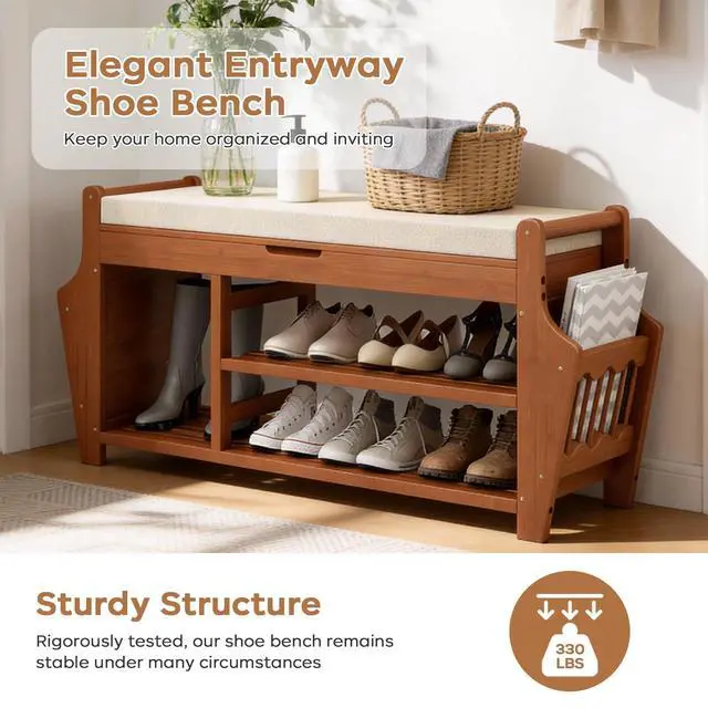 Alt view image 7 of 7 - oakvivo 39.4in Shoe Bench with 2 Side Holder, 3 Tier Bamboo Entryway Bench with Storage, Shoe Rack Bench Organizer with Cushion for Entryway Hallway Living Room, Holds up to 330lbs