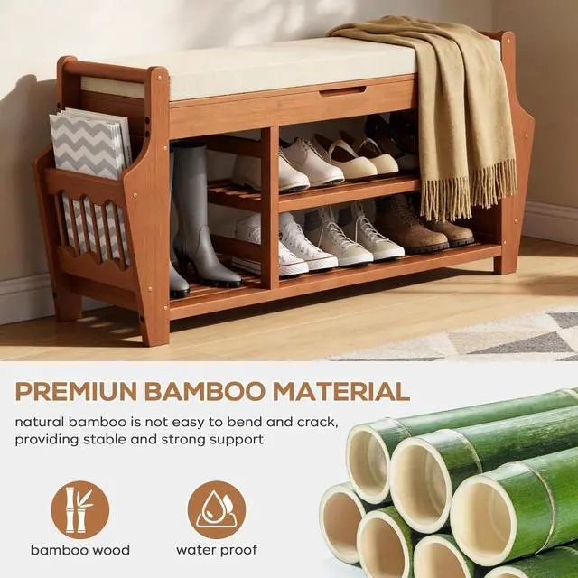 Alt view image 3 of 7 - oakvivo 39.4in Shoe Bench with 2 Side Holder, 3 Tier Bamboo Entryway Bench with Storage, Shoe Rack Bench Organizer with Cushion for Entryway Hallway Living Room, Holds up to 330lbs