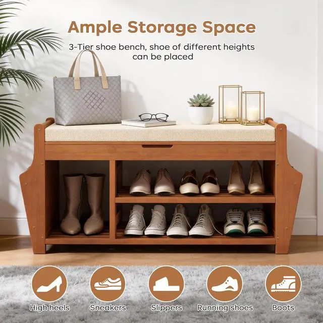 Alt view image 6 of 7 - oakvivo 39.4in Shoe Bench with 2 Side Holder, 3 Tier Bamboo Entryway Bench with Storage, Shoe Rack Bench Organizer with Cushion for Entryway Hallway Living Room, Holds up to 330lbs