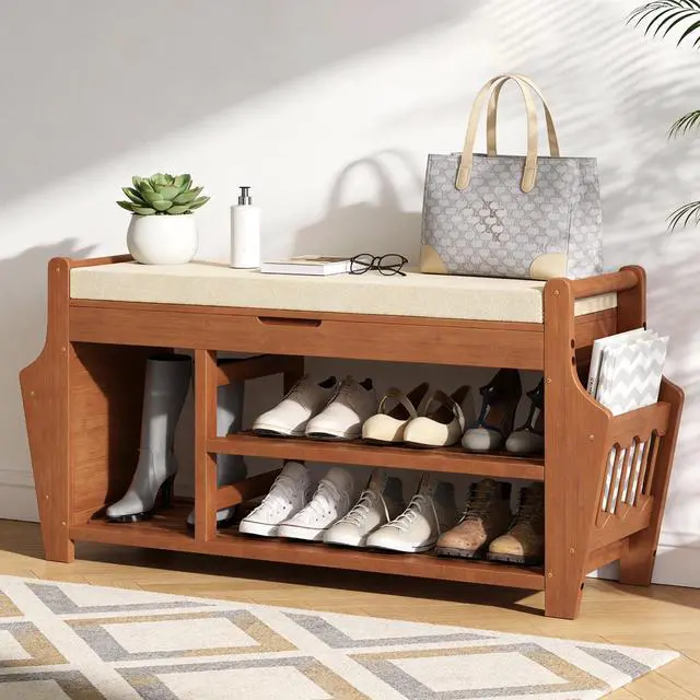Main image of oakvivo 39.4in Shoe Bench with 2 Side Holder, 3 Tier Bamboo Entryway Bench with Storage, Shoe Rack Bench Organizer with Cushion for Entryway Hallway Living Room, Holds up to 330lbs