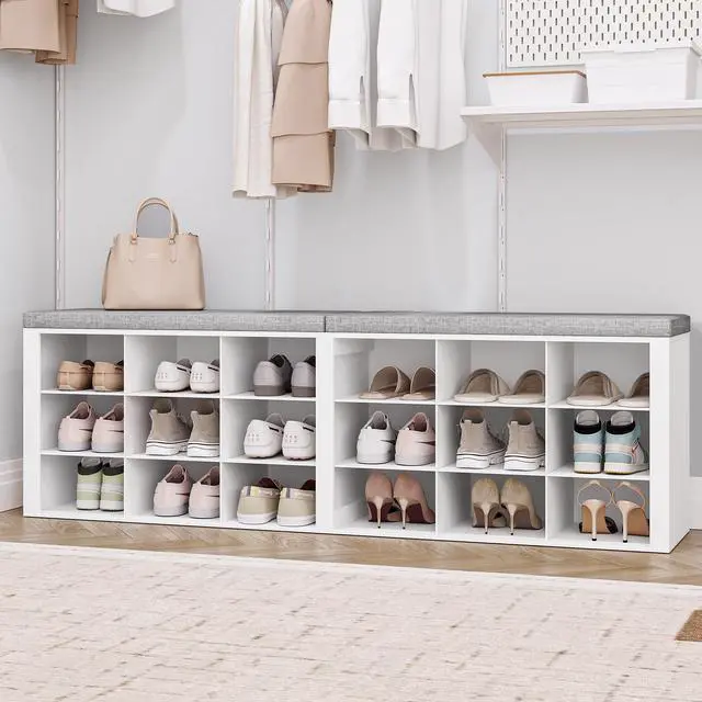 Main image of Hzuaneri Shoe Storage Bench with Cushion, Entryway Storage Bench with 18 Cubbies, 9.5" Widened Organizer Cabinet, Long Cubby Rack for Living Room, Bedroom, Entryway, White SB25703GY