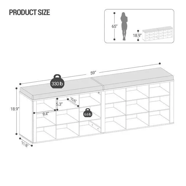 Alt view image 7 of 7 - Hzuaneri Shoe Storage Bench with Cushion, Entryway Storage Bench with 18 Cubbies, 9.5" Widened Organizer Cabinet, Long Cubby Rack for Living Room, Bedroom, Entryway, White SB25703GY