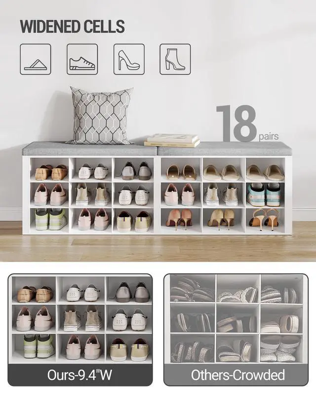 Alt view image 3 of 7 - Hzuaneri Shoe Storage Bench with Cushion, Entryway Storage Bench with 18 Cubbies, 9.5" Widened Organizer Cabinet, Long Cubby Rack for Living Room, Bedroom, Entryway, White SB25703GY