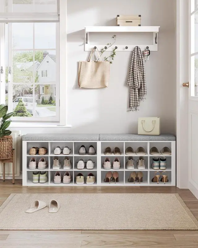 Alt view image 2 of 7 - Hzuaneri Shoe Storage Bench with Cushion, Entryway Storage Bench with 18 Cubbies, 9.5" Widened Organizer Cabinet, Long Cubby Rack for Living Room, Bedroom, Entryway, White SB25703GY