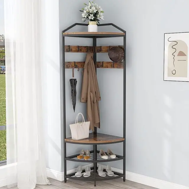 Main image of GiftGo Corner Hall Tree with Shoe Bench Entryway Coat Rack with 10 Metal Movable Hooks Floor Standing Clothes Rack Shoes Shelf Organizer for Home Office Bedroom (Rustic Brown)