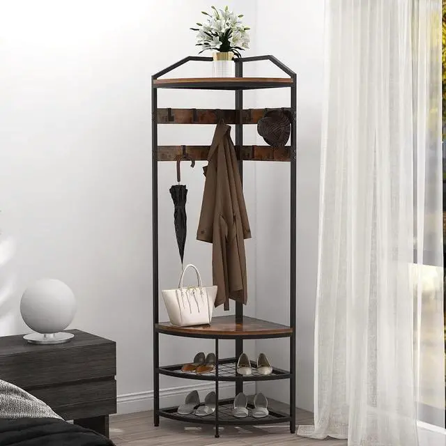 Alt view image 2 of 6 - GiftGo Corner Hall Tree with Shoe Bench Entryway Coat Rack with 10 Metal Movable Hooks Floor Standing Clothes Rack Shoes Shelf Organizer for Home Office Bedroom (Rustic Brown)