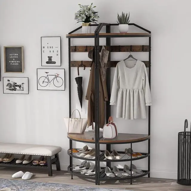 Alt view image 3 of 6 - GiftGo Corner Hall Tree with Shoe Bench Entryway Coat Rack with 10 Metal Movable Hooks Floor Standing Clothes Rack Shoes Shelf Organizer for Home Office Bedroom (Rustic Brown)