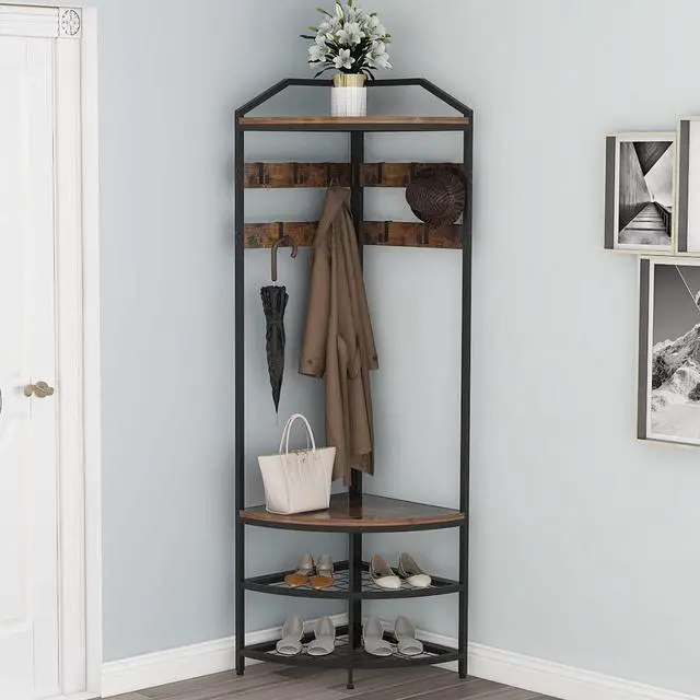Alt view image 4 of 6 - GiftGo Corner Hall Tree with Shoe Bench Entryway Coat Rack with 10 Metal Movable Hooks Floor Standing Clothes Rack Shoes Shelf Organizer for Home Office Bedroom (Rustic Brown)