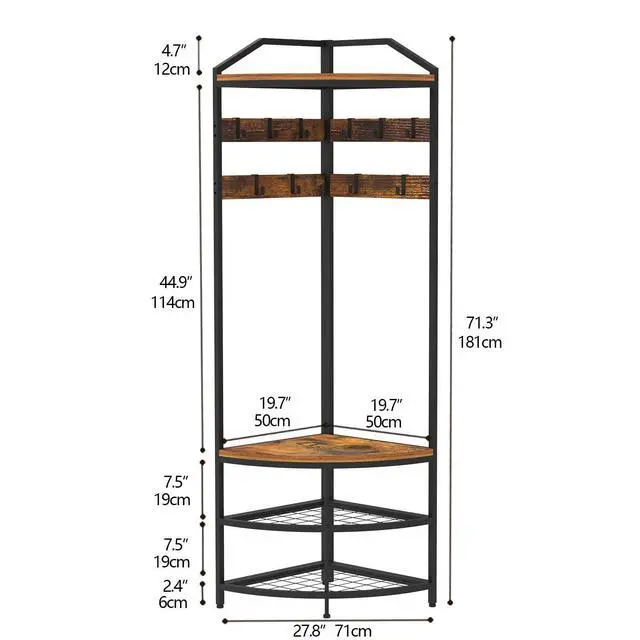Alt view image 5 of 6 - GiftGo Corner Hall Tree with Shoe Bench Entryway Coat Rack with 10 Metal Movable Hooks Floor Standing Clothes Rack Shoes Shelf Organizer for Home Office Bedroom (Rustic Brown)