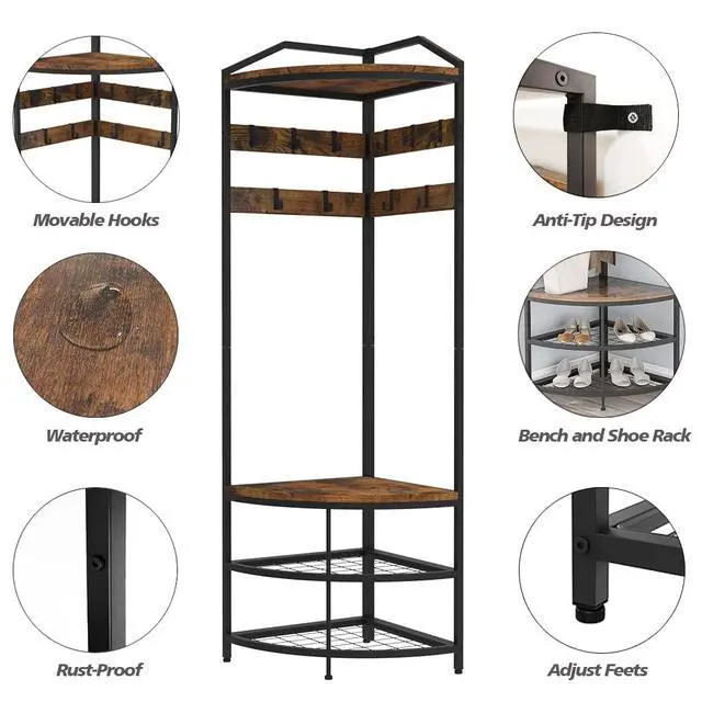 Alt view image 6 of 6 - GiftGo Corner Hall Tree with Shoe Bench Entryway Coat Rack with 10 Metal Movable Hooks Floor Standing Clothes Rack Shoes Shelf Organizer for Home Office Bedroom (Rustic Brown)