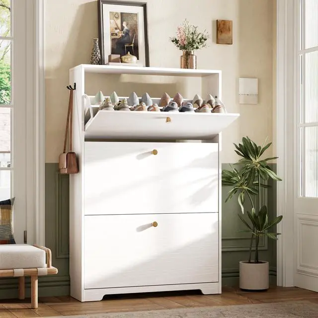 Main image of Nicetree Shoe Cabinet with 3 Flip Drawers, Narrow Shoe Organizer Cabinet, Freestanding Shoe Rack Cabinet, Modern Shoe Storage Cabinet for Entryway, Hallway, Foyer, White