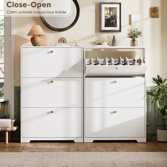 Alt view image 3 of 7 - Nicetree Shoe Cabinet with 3 Flip Drawers, Narrow Shoe Organizer Cabinet, Freestanding Shoe Rack Cabinet, Modern Shoe Storage Cabinet for Entryway, Hallway, Foyer, White