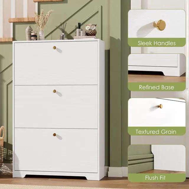 Alt view image 6 of 7 - Nicetree Shoe Cabinet with 3 Flip Drawers, Narrow Shoe Organizer Cabinet, Freestanding Shoe Rack Cabinet, Modern Shoe Storage Cabinet for Entryway, Hallway, Foyer, White