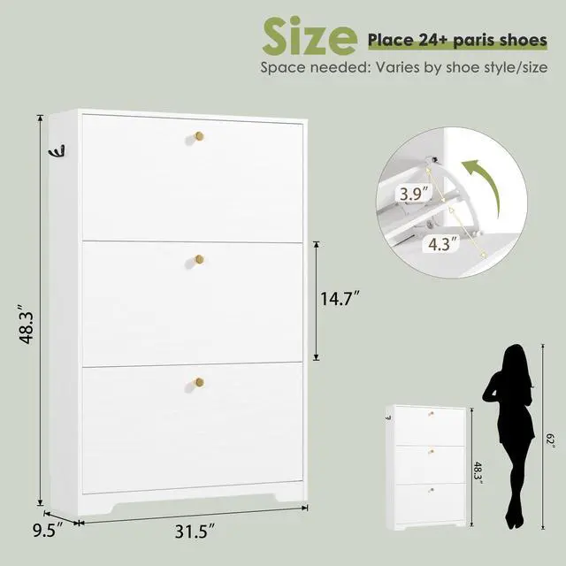 Alt view image 2 of 7 - Nicetree Shoe Cabinet with 3 Flip Drawers, Narrow Shoe Organizer Cabinet, Freestanding Shoe Rack Cabinet, Modern Shoe Storage Cabinet for Entryway, Hallway, Foyer, White