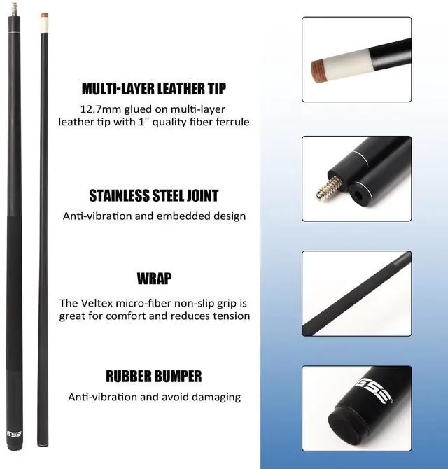 Alt view image 2 of 6 - GSE Games & Sports Expert 58" 2-Piece Fiberglass Graphite Composite Billiard Pool Cue Stick, Set of 4 Pool Cues Sticks, 18/19/20/21 Oz Billiard Cue Sticks (Matte Black)
