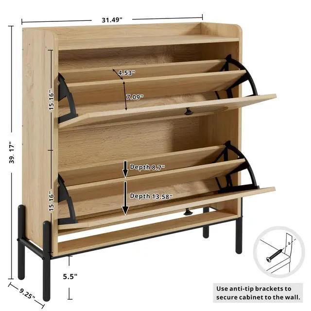 Alt view image 2 of 7 - IRONCK Shoe Cabinet Storage with 2 Flip Drawers, Free Standing Wooden Shoe Storage Organizer Cabinet with Rattan Doors for Entryway, Narrow Shoe Rack Cabinet, Oak