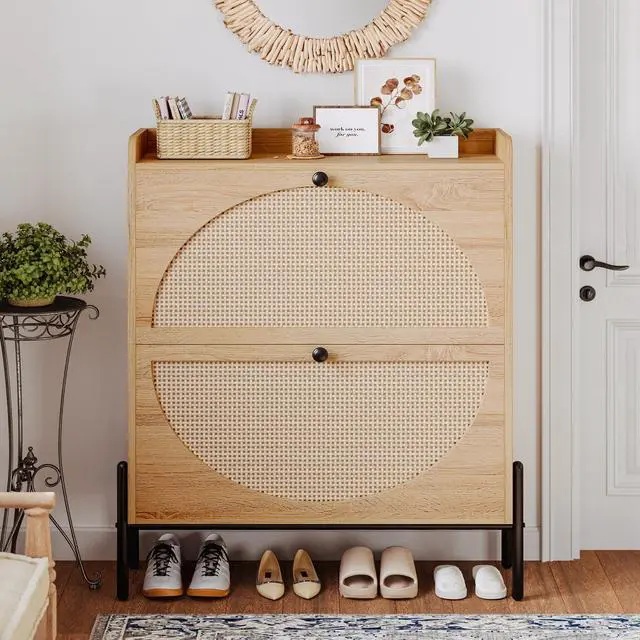 Alt view image 4 of 7 - IRONCK Shoe Cabinet Storage with 2 Flip Drawers, Free Standing Wooden Shoe Storage Organizer Cabinet with Rattan Doors for Entryway, Narrow Shoe Rack Cabinet, Oak