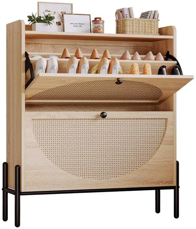 Main image of IRONCK Shoe Cabinet Storage with 2 Flip Drawers, Free Standing Wooden Shoe Storage Organizer Cabinet with Rattan Doors for Entryway, Narrow Shoe Rack Cabinet, Oak
