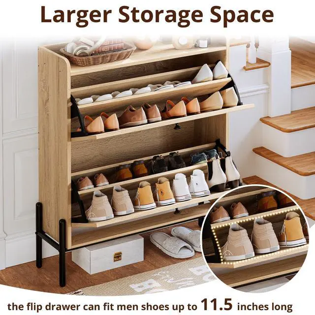 Alt view image 7 of 7 - IRONCK Shoe Cabinet Storage with 2 Flip Drawers, Free Standing Wooden Shoe Storage Organizer Cabinet with Rattan Doors for Entryway, Narrow Shoe Rack Cabinet, Oak