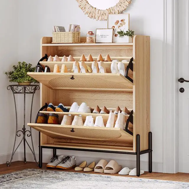Alt view image 3 of 7 - IRONCK Shoe Cabinet Storage with 2 Flip Drawers, Free Standing Wooden Shoe Storage Organizer Cabinet with Rattan Doors for Entryway, Narrow Shoe Rack Cabinet, Oak