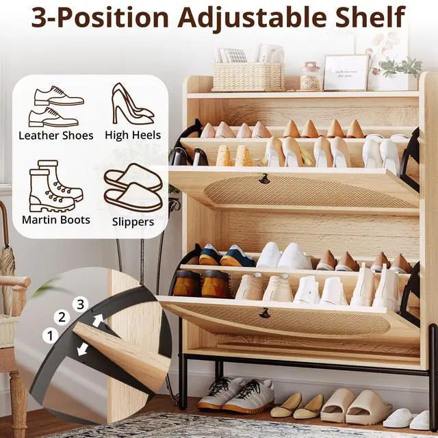 Alt view image 5 of 7 - IRONCK Shoe Cabinet Storage with 2 Flip Drawers, Free Standing Wooden Shoe Storage Organizer Cabinet with Rattan Doors for Entryway, Narrow Shoe Rack Cabinet, Oak