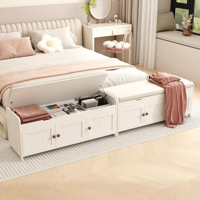 Alt view image 2 of 7 - HOMEFORT 41.3" Shoe Bench with Lift Top Storage, Entryway Bench with Cushioned Seat, Wooden End of Bed Bench, Shoe Cabinet Bench with Hidden Storage Space, for Bedroom, Hallway,White