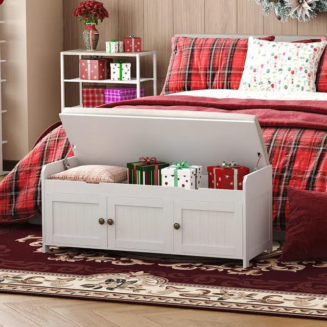 Alt view image 3 of 7 - HOMEFORT 41.3" Shoe Bench with Lift Top Storage, Entryway Bench with Cushioned Seat, Wooden End of Bed Bench, Shoe Cabinet Bench with Hidden Storage Space, for Bedroom, Hallway,White